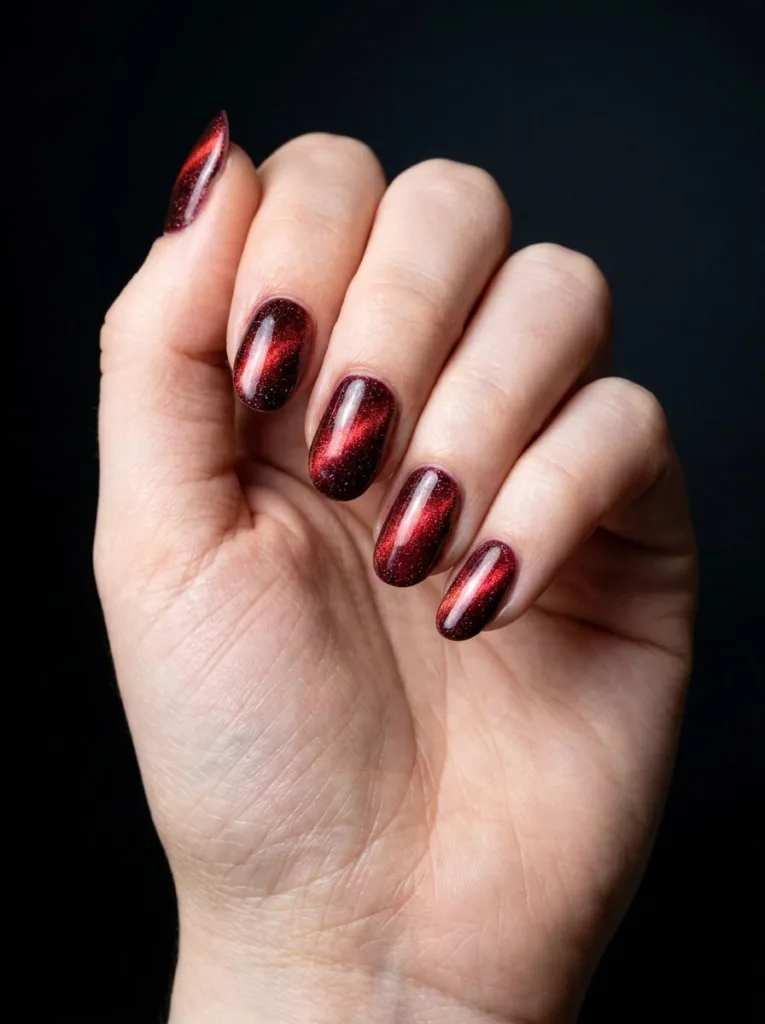 Hand with magnetic red cat eye nails under dramatic side lighting.