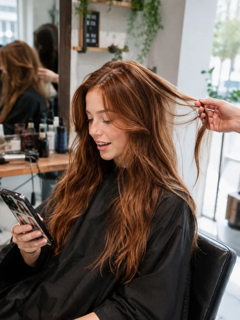 Woman consulting with her colorist about red hair color in a bright salon