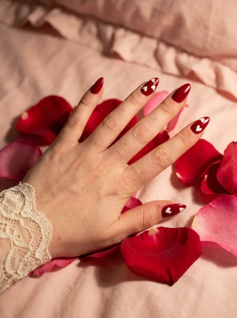 Hand with red heart nail art resting among scattered rose petals.