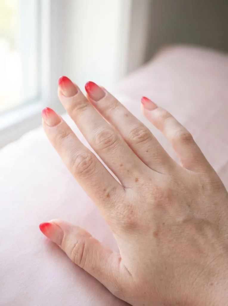 Hand with red ombre nail polish resting on a pale pink pillow.