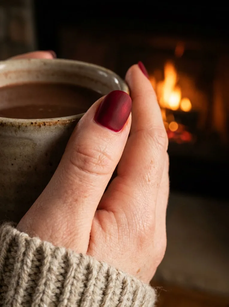 Hand with matte red velvet nails resting against a mug of hot cocoa by a fireplace.