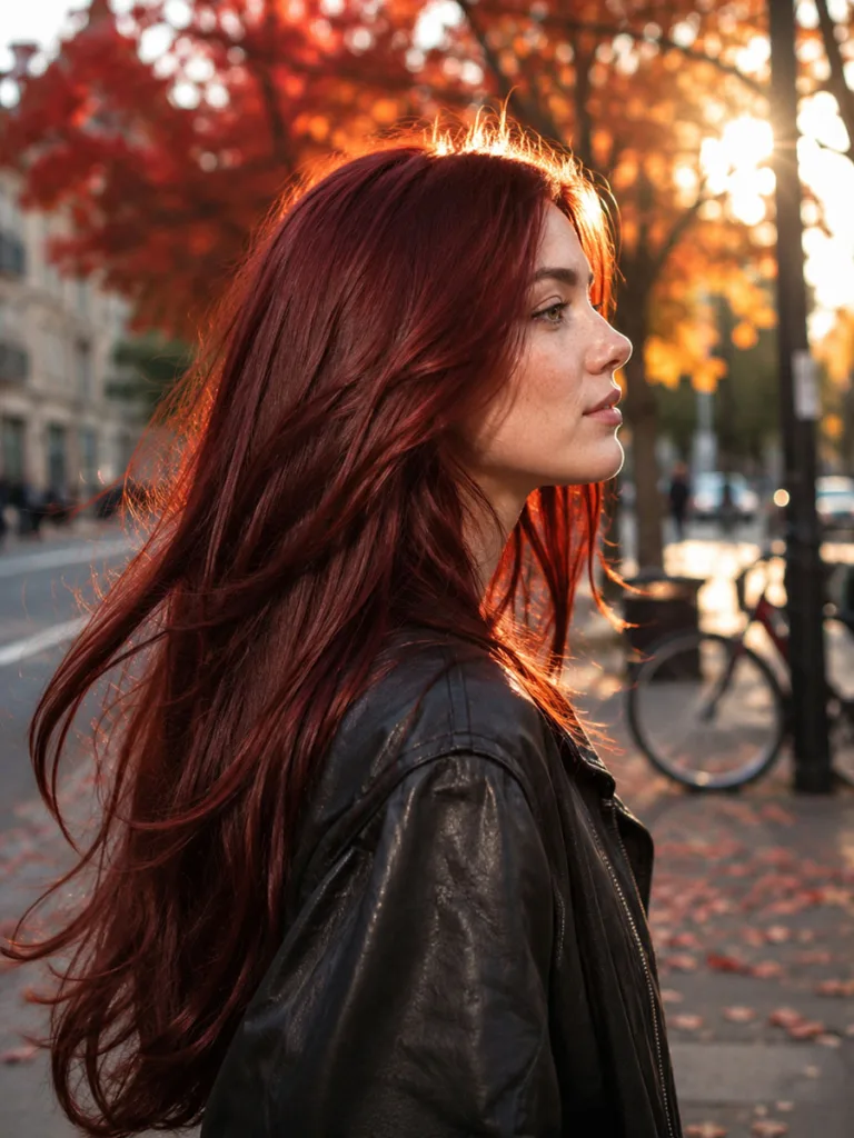 Woman with deep rich cherry red hair walking on an autumn city street