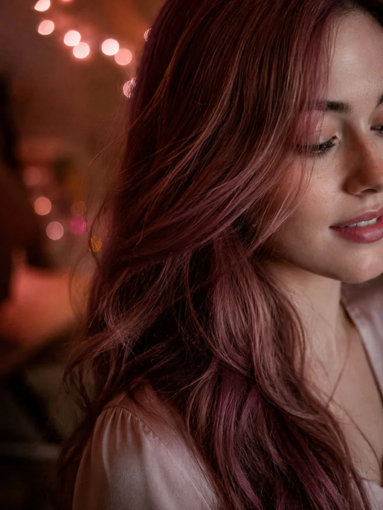 Close-up of soft rosewood red hair with pink undertones in warm evening light