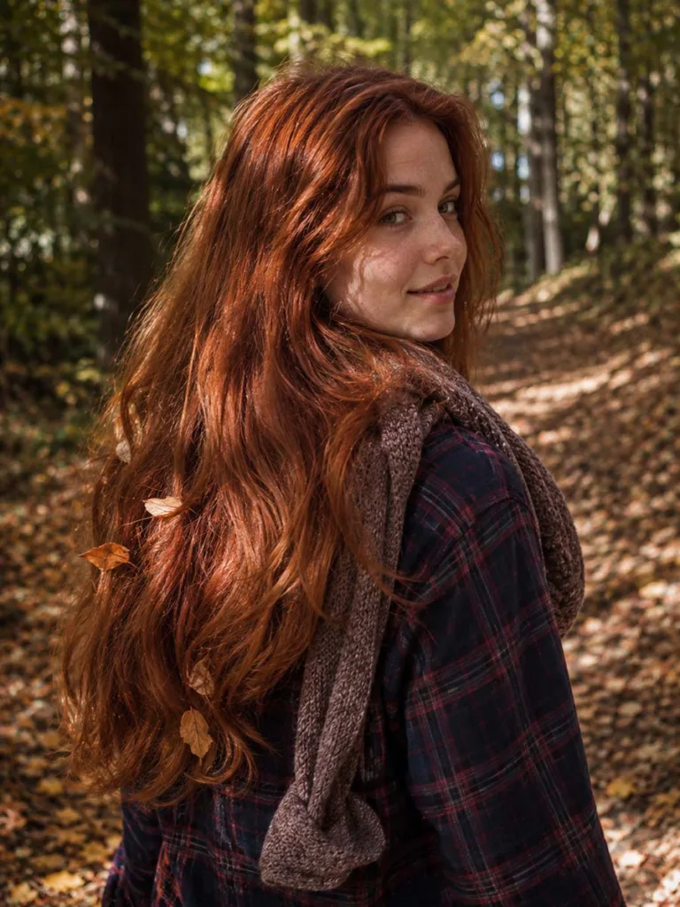 Woman with brownish russet red hair walking a forest trail in autumn