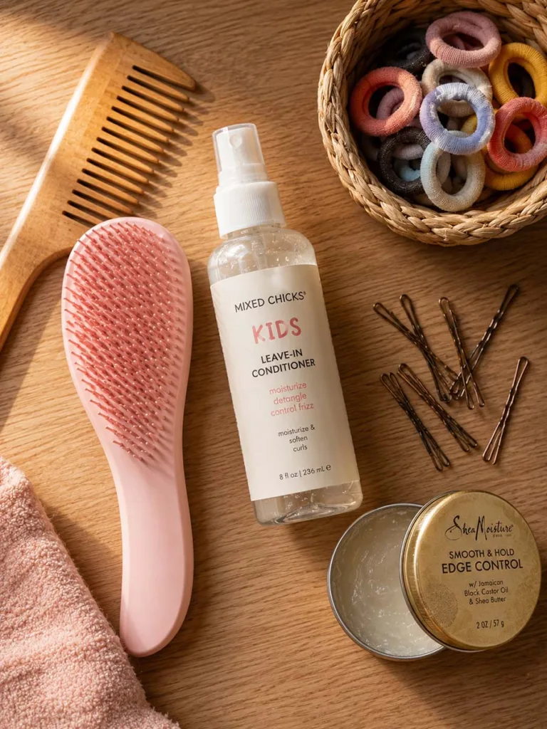 Flat lay of hair styling kit supplies for easy school hairstyles