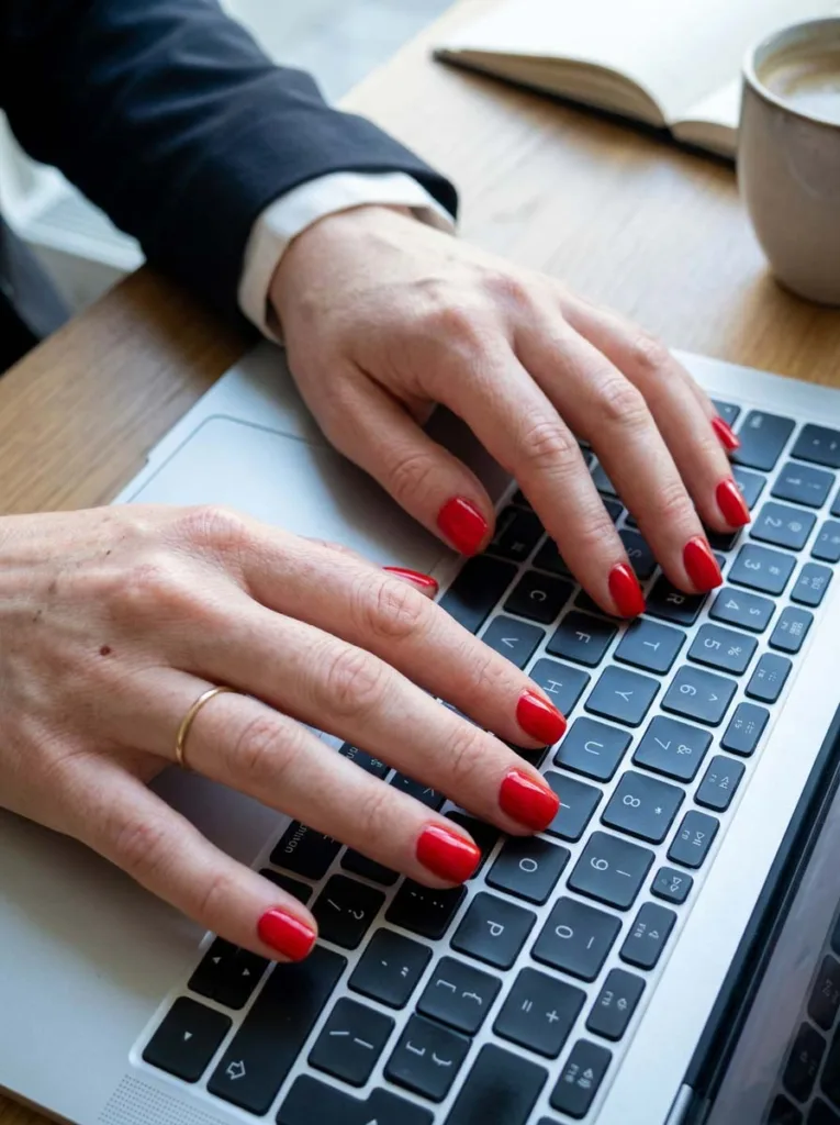 Hand with short red nails typing on a laptop keyboard at an office desk.