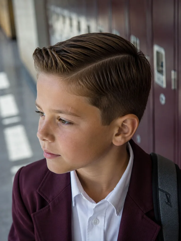 Classic side part hairstyle for boys photographed in a school hallway