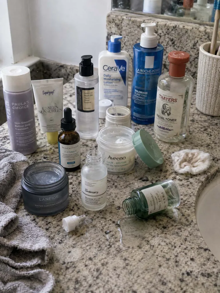 Cluttered bathroom counter showing too many skincare products layered haphazardly
