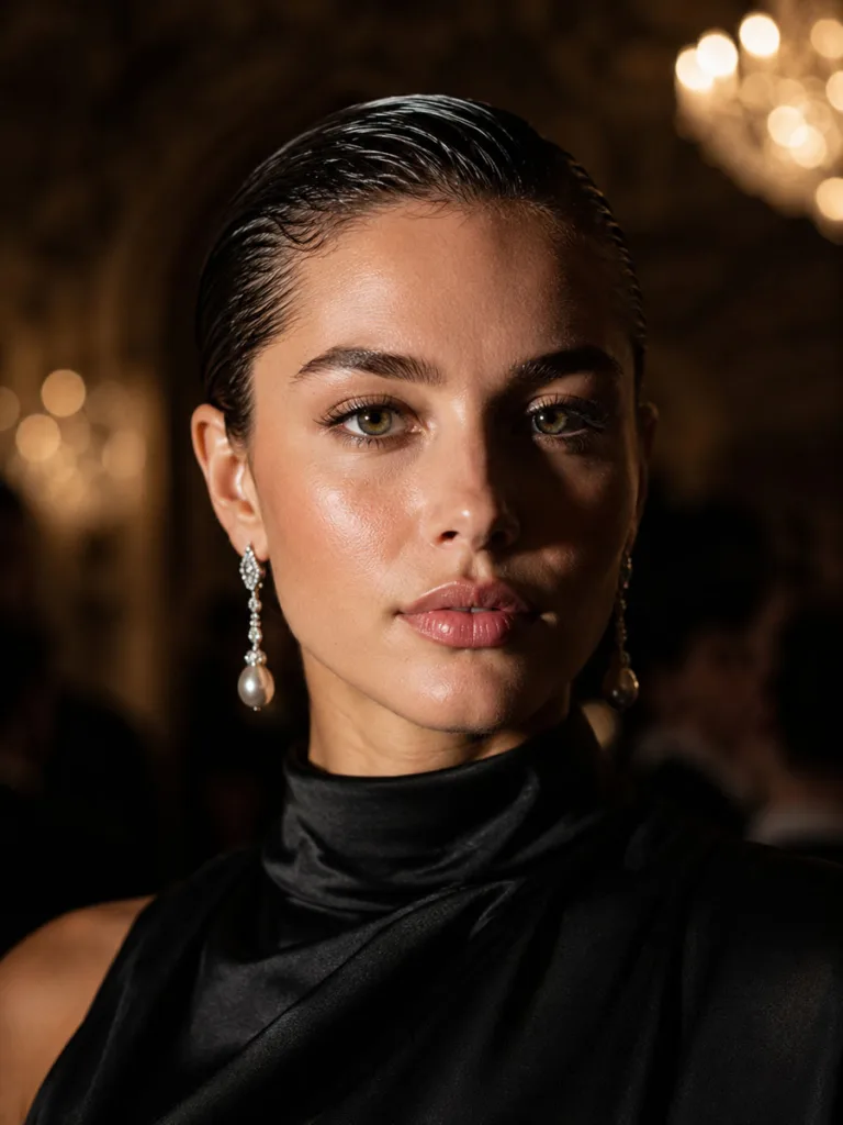 Sleek slicked-back crop hairstyle for a black-tie wedding, dramatic ballroom lighting