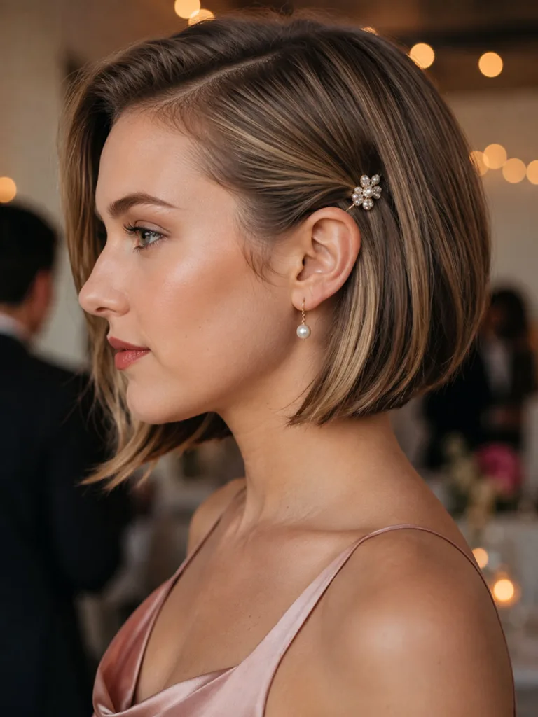 Sleek side tuck hairstyle with a jeweled pin, side profile view for short hair