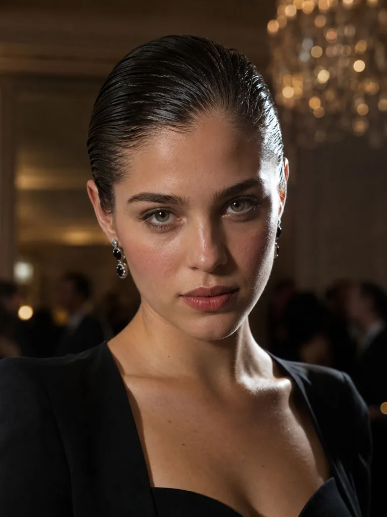 Slicked-back wet-look hairstyle for a black-tie wedding guest, dramatic evening lighting
