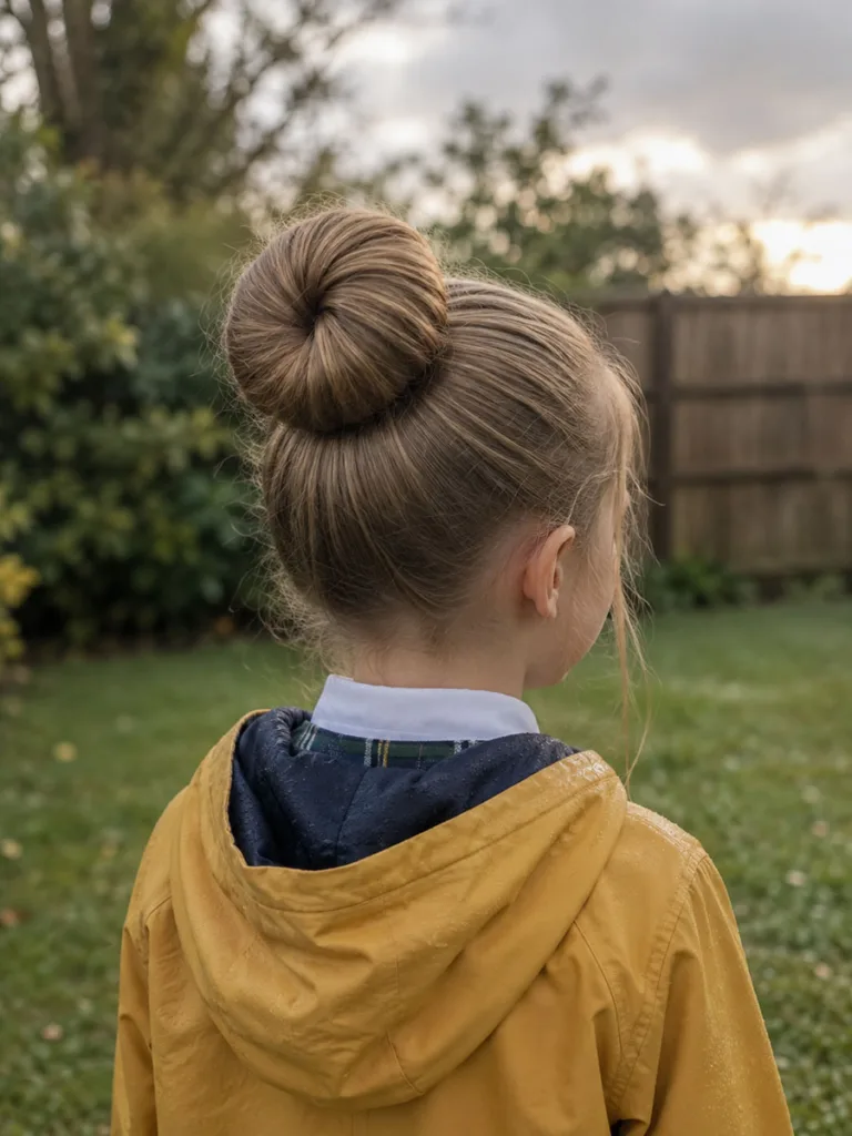 Sock bun protective school hairstyle photographed outdoors in morning light