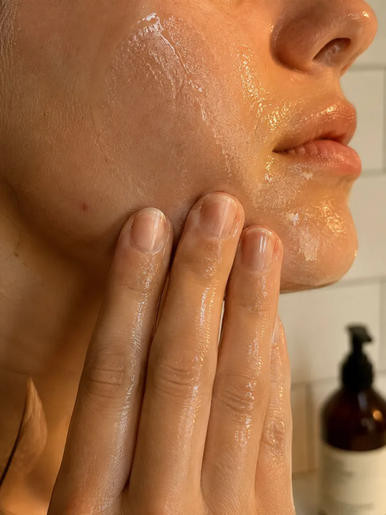 Close-up of hands massaging oil cleanser onto skin during a Korean skincare routine