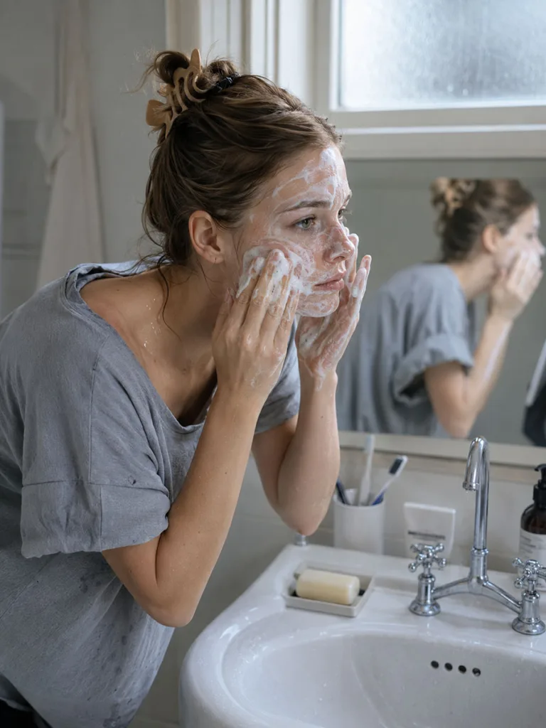 Woman rinsing a foaming water-based cleanser at the bathroom sink
