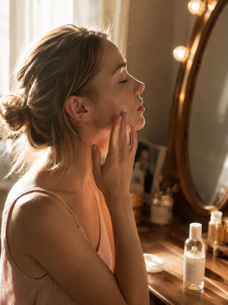 Woman patting hydrating toner into her skin at a bedroom vanity