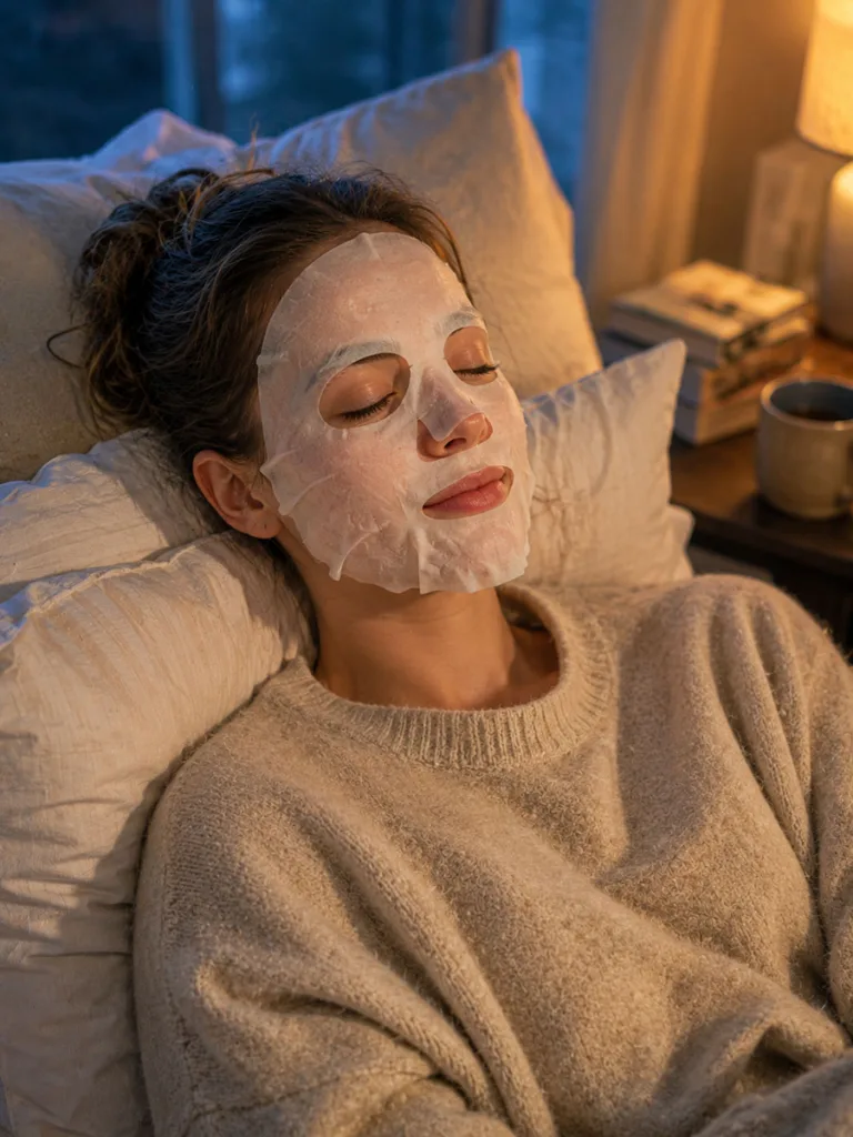 Woman relaxing on a bed wearing a hydrating sheet mask