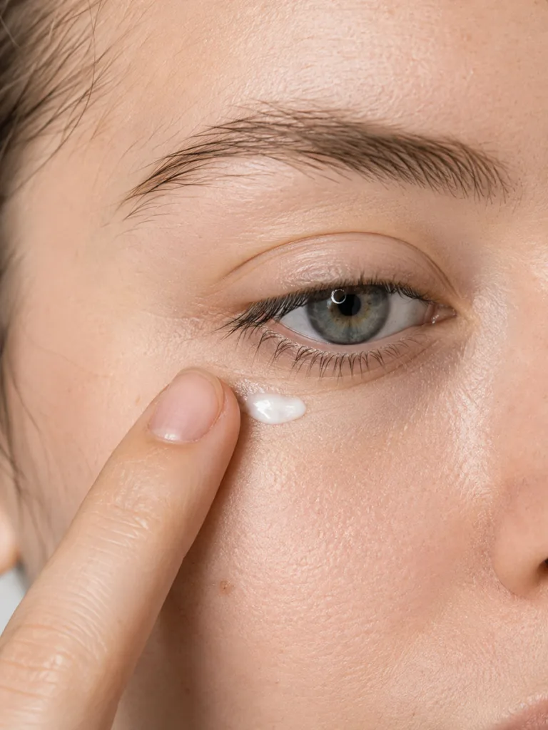 Close-up of a ring finger tapping eye cream into the under-eye area