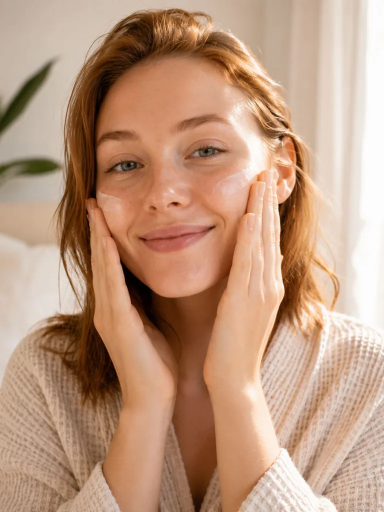 Woman smiling gently while applying moisturizer in natural morning light