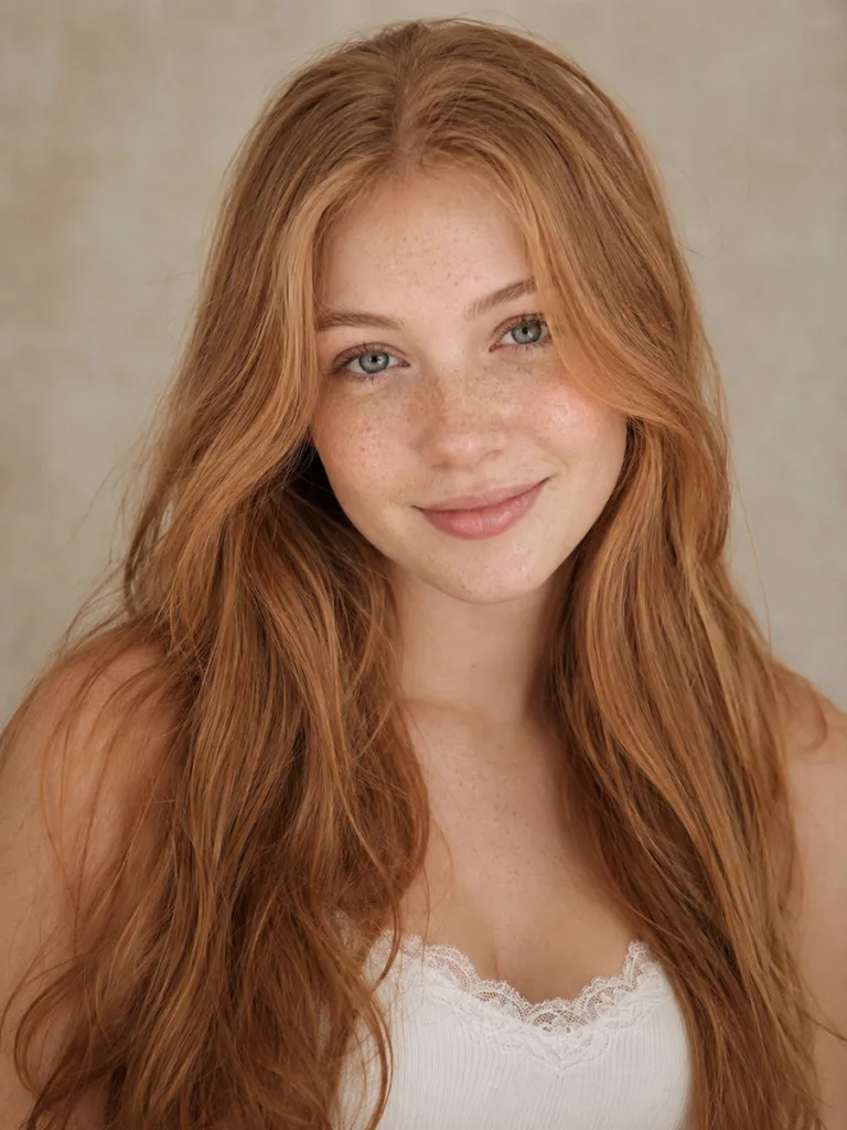 Woman with soft strawberry and cream blonde-red hair in a pastel studio portrait