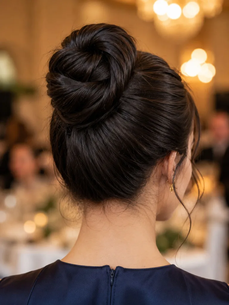 Structured high bun updo for a black-tie wedding guest, back view detail