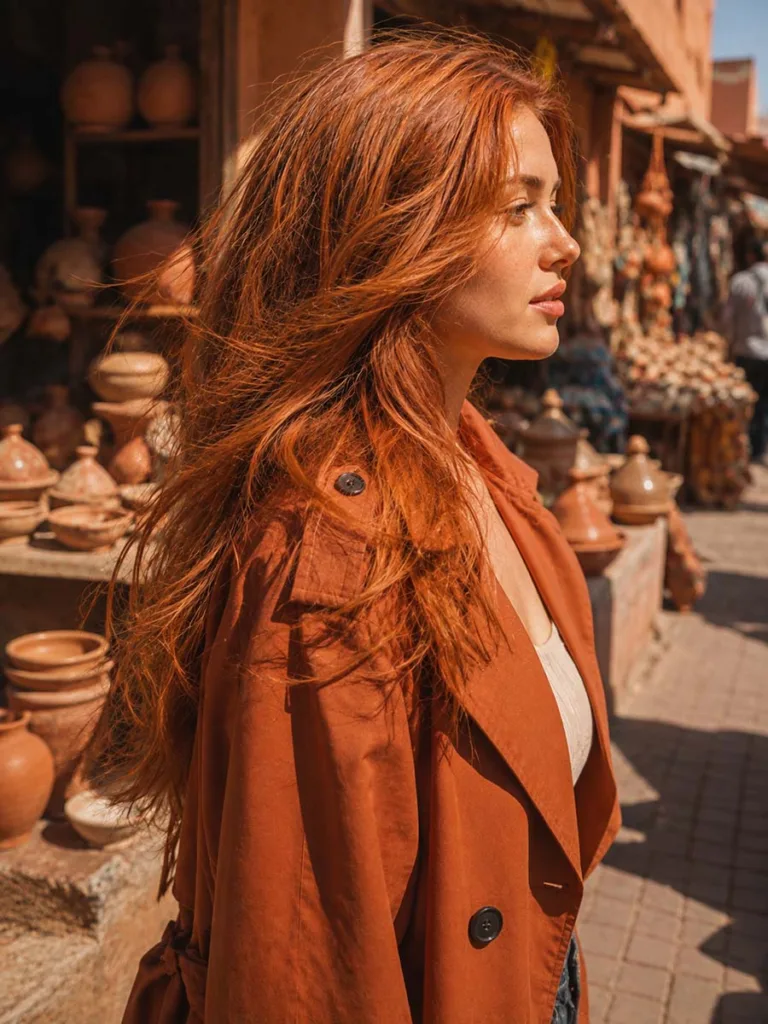 Woman with earthy terracotta red hair color at an outdoor pottery market