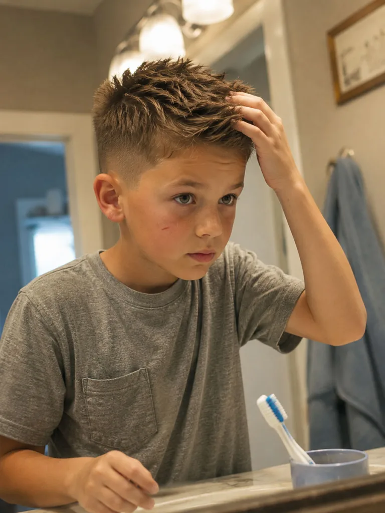Textured crop easy school hairstyle for boys styled in a bathroom mirror
