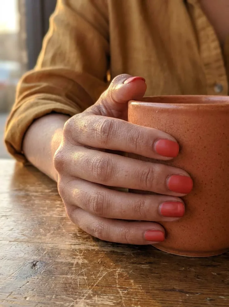 Olive skinned hand with warm tomato red nail polish resting beside a terracotta coffee mug.