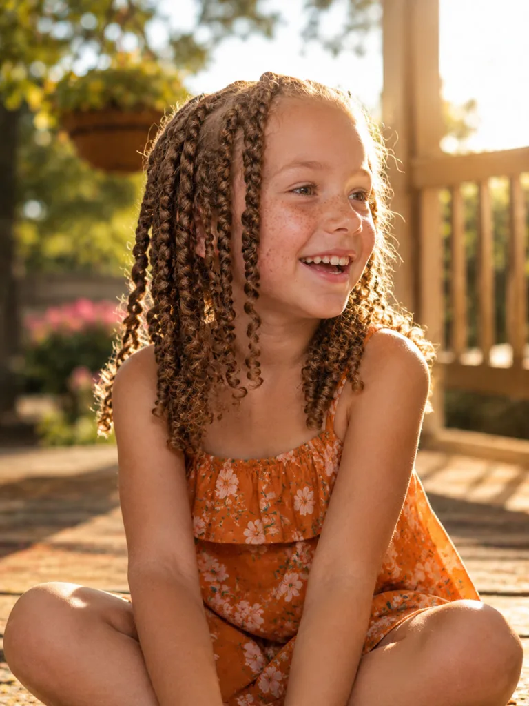 Two-strand twists protective hairstyle on a curly-haired girl outdoors