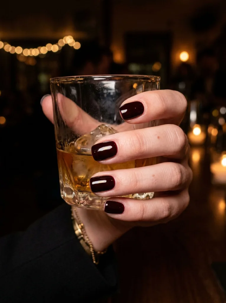 Hand with vampy oxblood nail polish resting against a dark cocktail glass in a moody lounge.