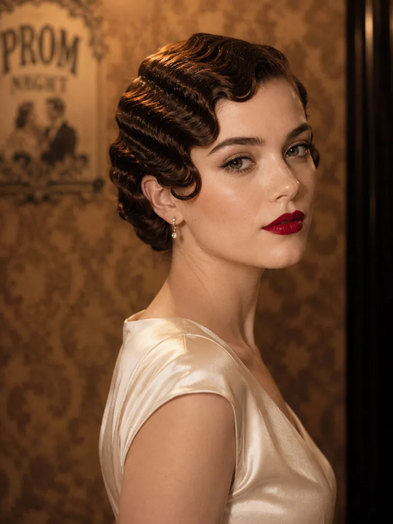 Vintage-inspired finger waves prom hairstyle styled close to the head
