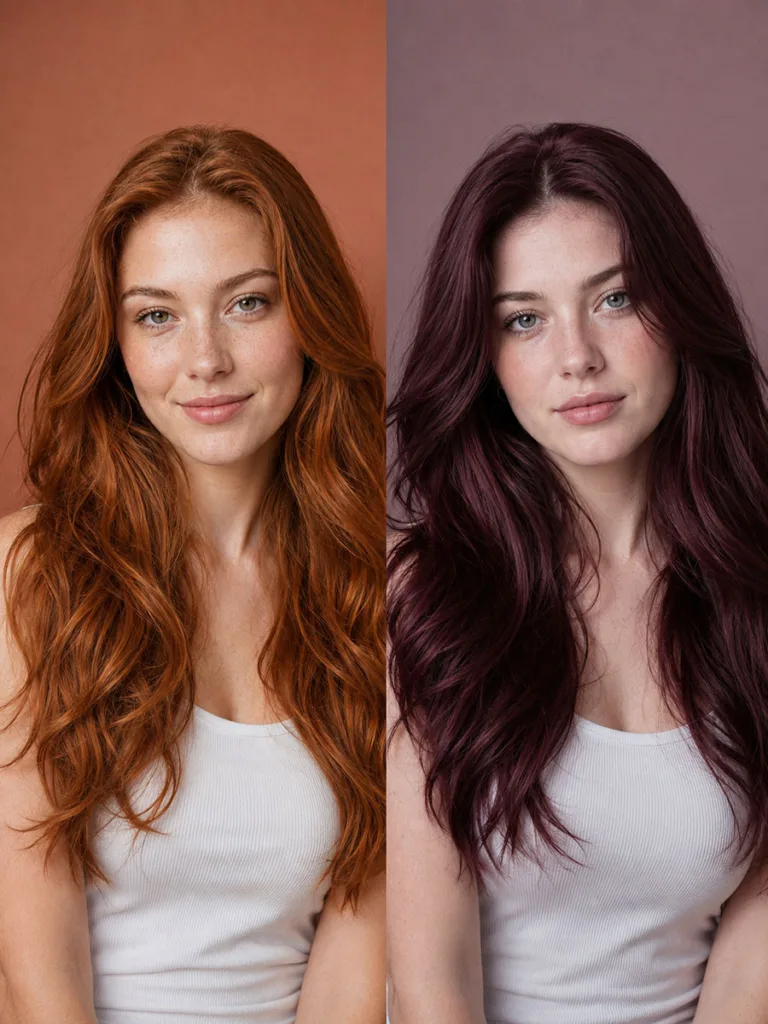 Two women side by side comparing warm copper and cool burgundy red hair color