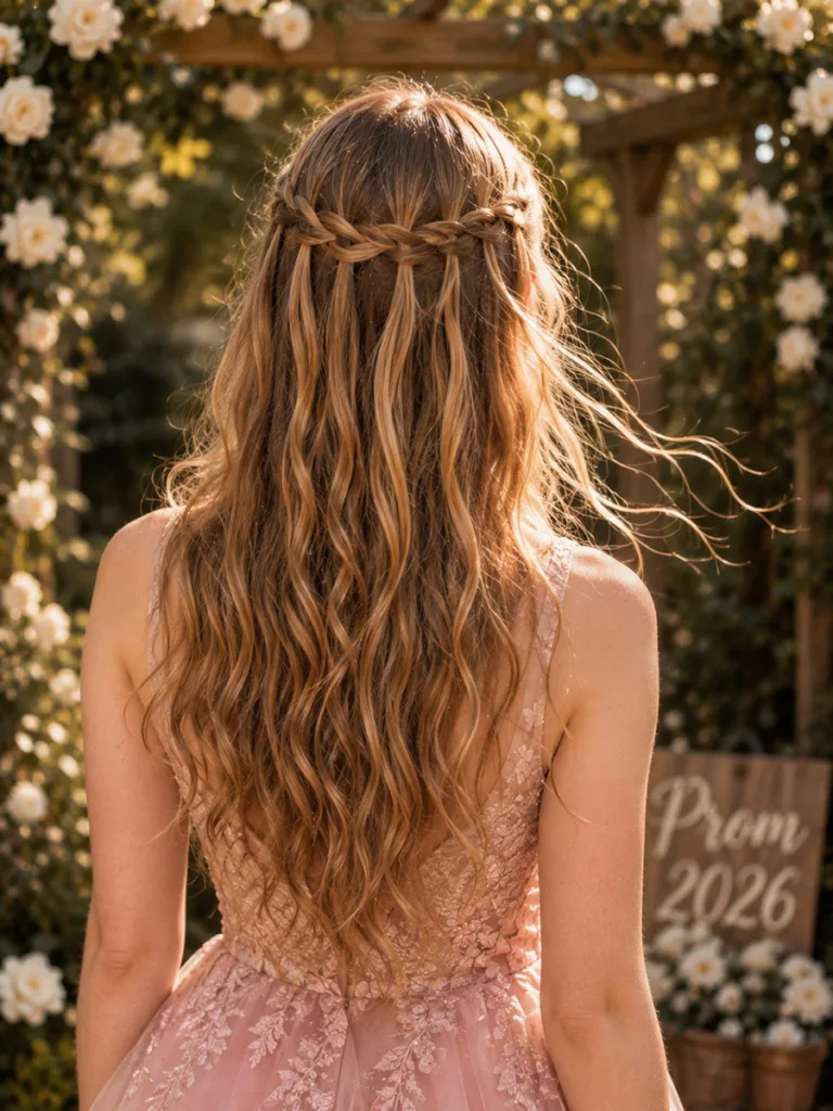 Romantic waterfall braid prom hairstyle photographed from behind
