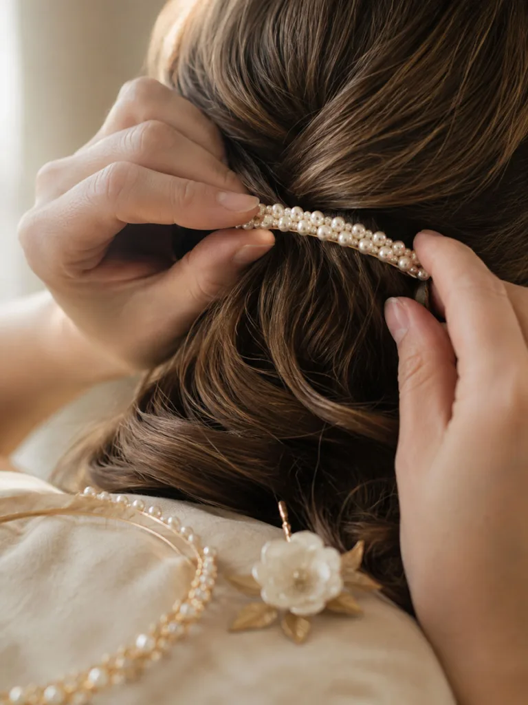 Close-up of wedding guest hair accessories including pearl clips, a headband, and floral pins being placed into styled hair