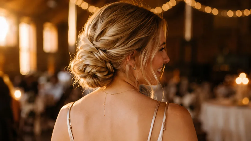 Woman with an elegant wedding guest hairstyle at an evening reception, styled hair in sharp focus