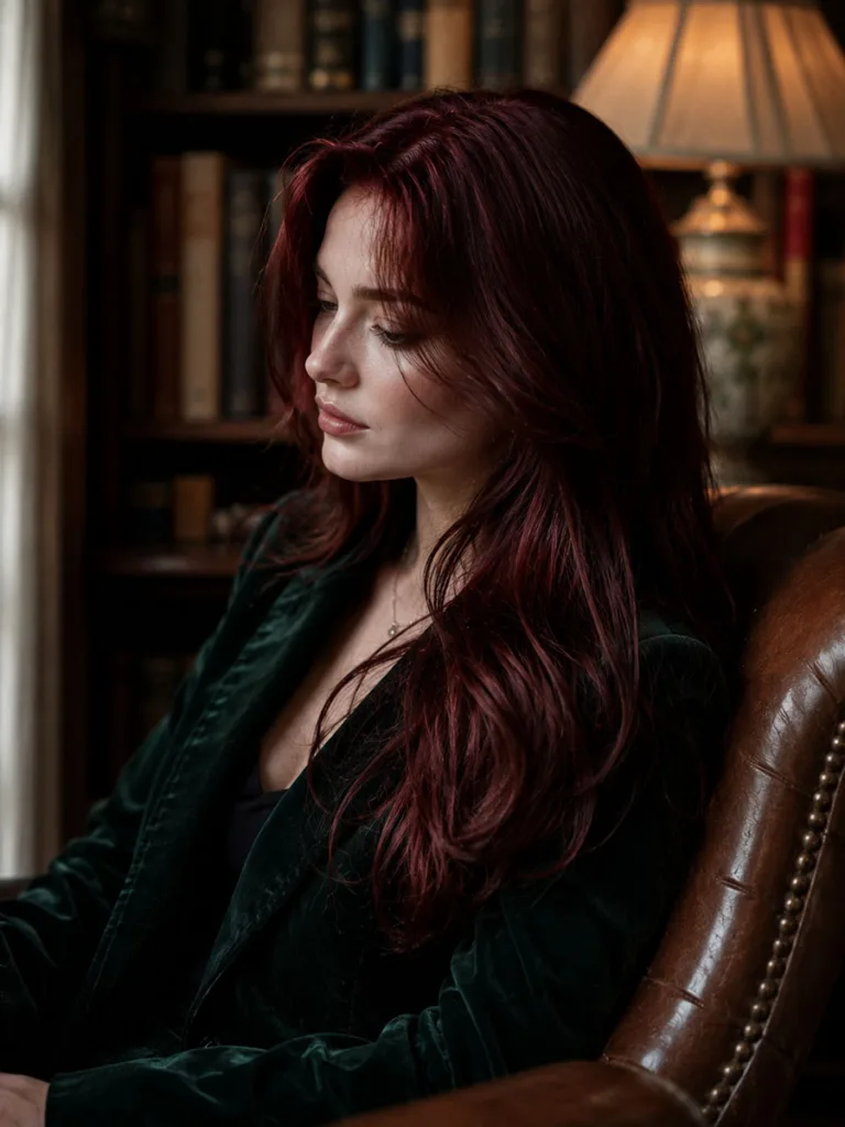 Woman with deep sophisticated wine red hair seated in a vintage library