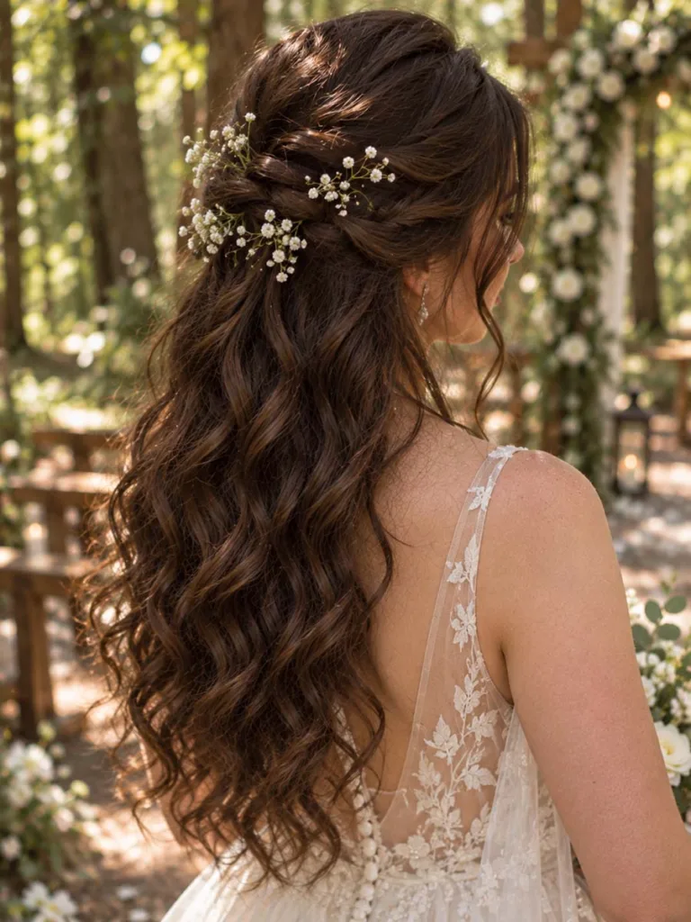 Criss-cross twist half up hairstyle with baby's breath flowers for brunette wedding hair