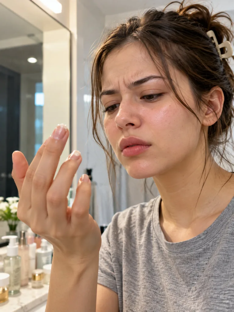 Woman noticing skincare product pilling on her fingertips, a common skincare routine order mistake