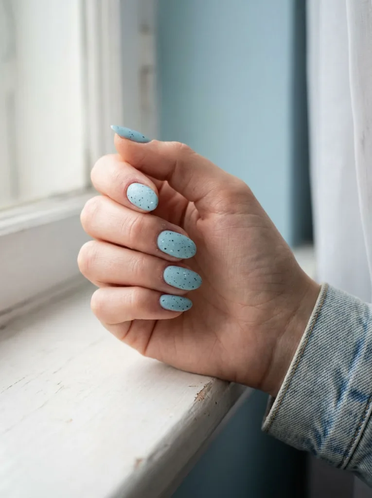 Robin's egg blue speckled easter nails on hand resting on windowsill