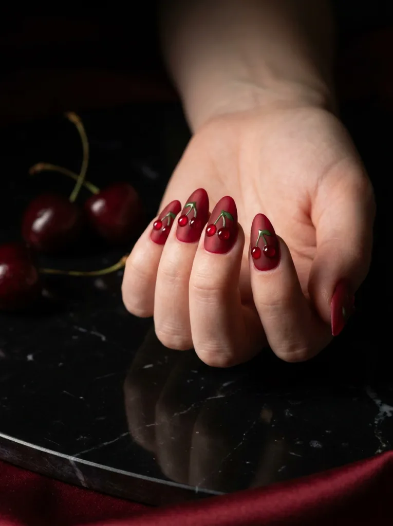 3D cherry fruit nail design on a hand resting on black marble