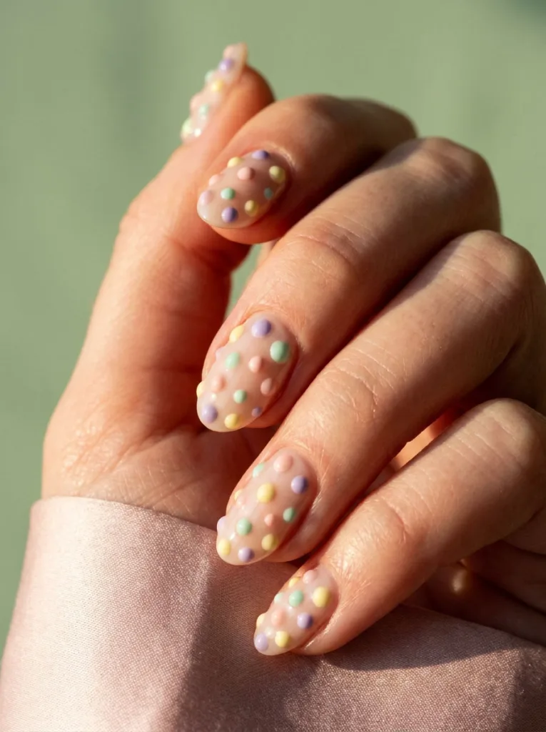3D raised dot easter egg nail art in pastel rainbow colors close up