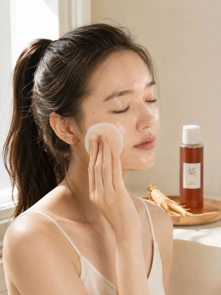 Woman using a cotton pad to apply a ginseng Korean essence for lightweight anti-aging on oily skin