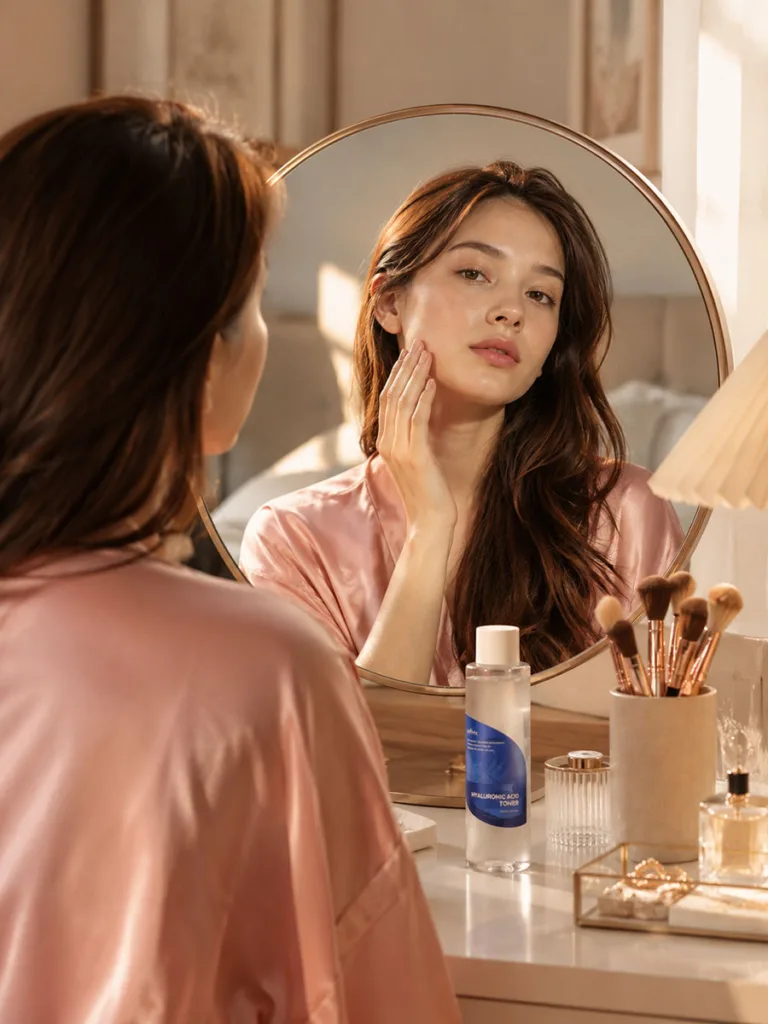 Woman checking her plump, hydrated skin in the mirror before applying makeup after a Korean essence