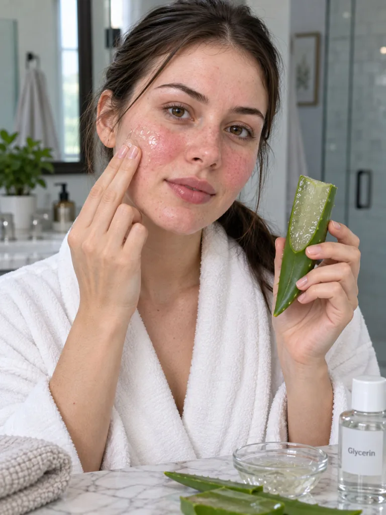 Woman applying a cooling aloe vera and glycerin mask for inflamed, sensitive skin