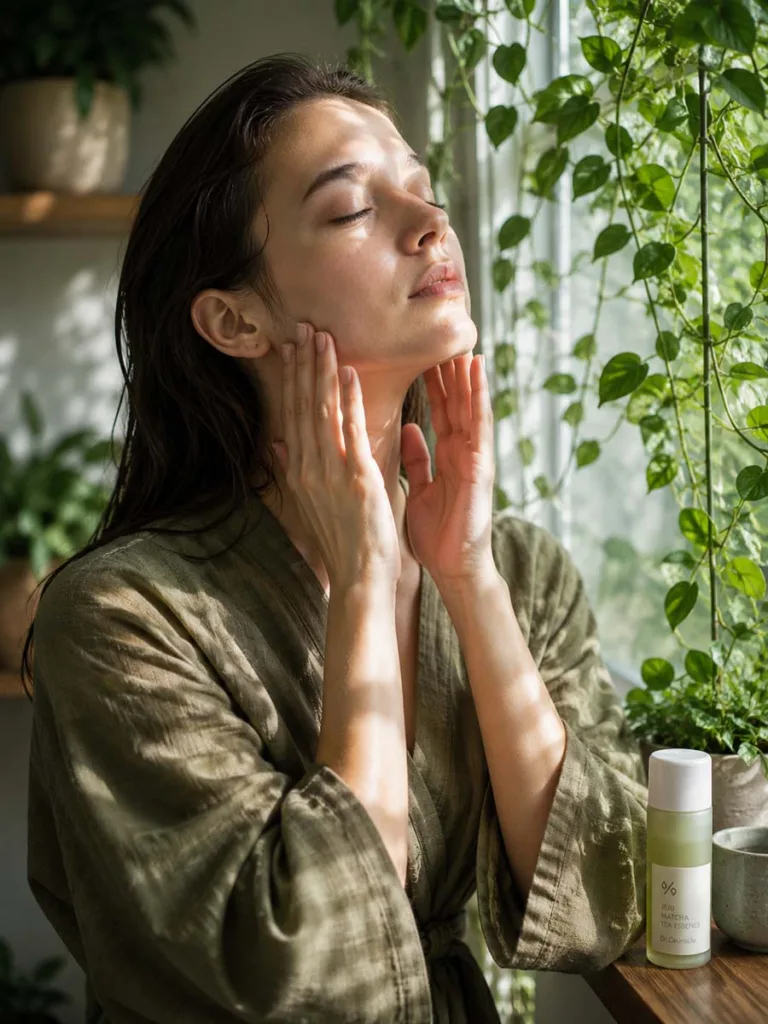 Woman applying a green matcha Korean essence near a sunlit plant-filled window for elasticity support