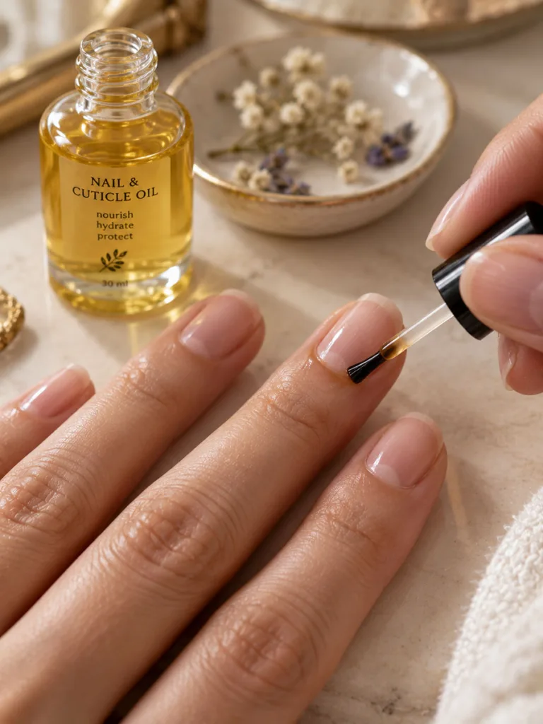Close-up of cuticle oil being applied to strengthen nails as part of an anti aging hand care routine