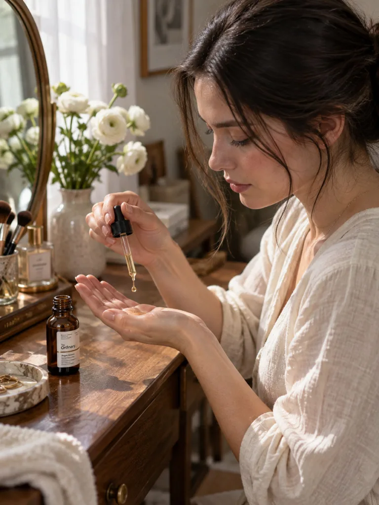 Woman applying a lightweight anti aging hand serum from a dropper bottle at her vanity