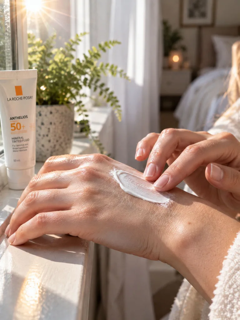 Close-up of mineral SPF sunscreen being applied to the back of the hand for anti aging protection