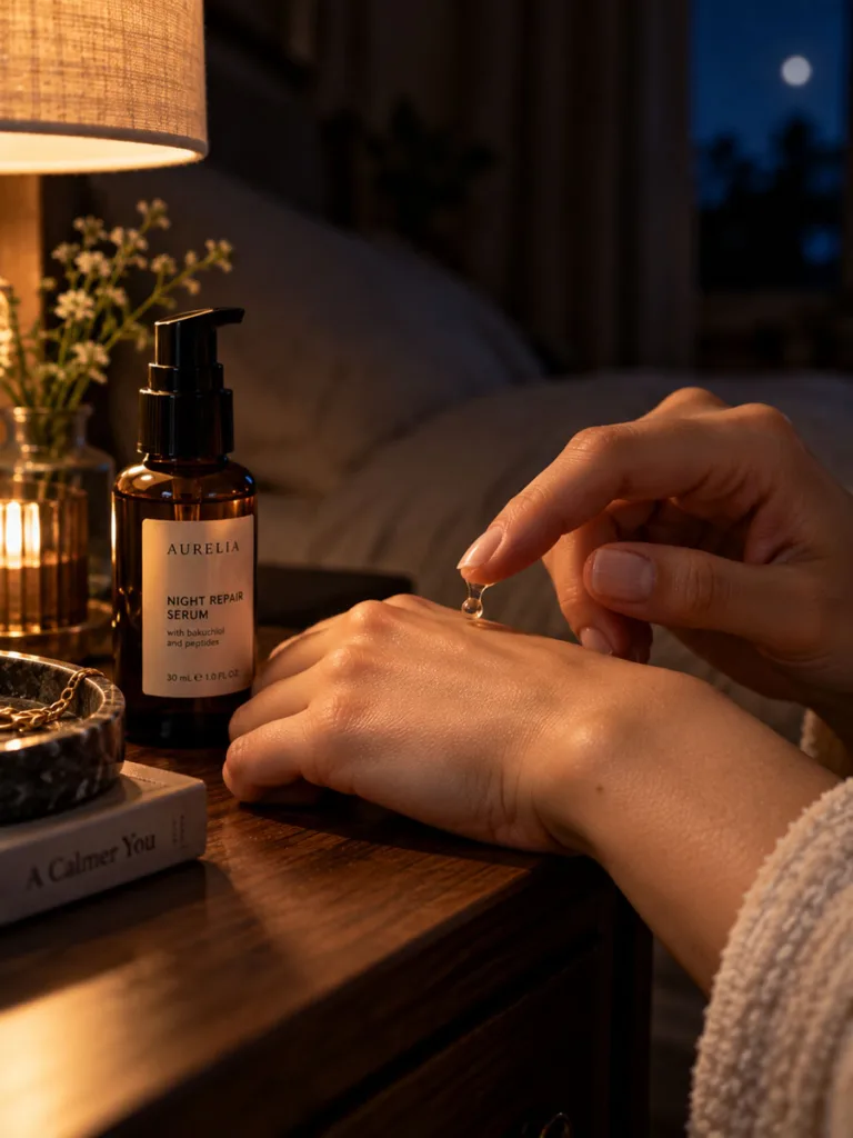Close-up of retinol treatment being applied to the hand as a nighttime anti aging step