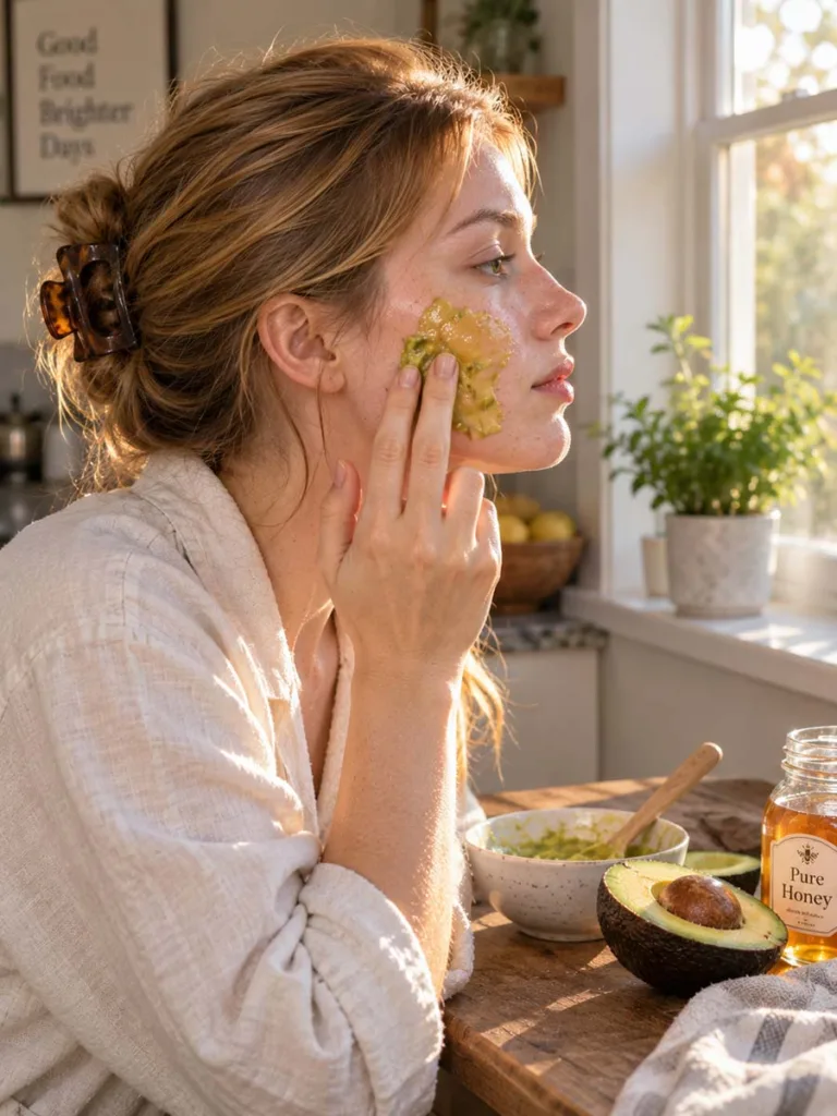 Woman applying a homemade honey and avocado mask to flaky, dry cheeks