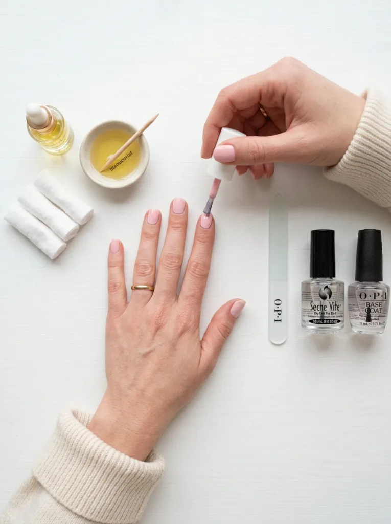 Flat lay of manicure tools and pink polish for an at-home spring manicure